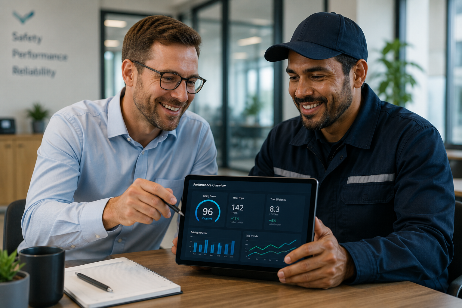 Manager and field technician reviewing a performance dashboard together on a tablet